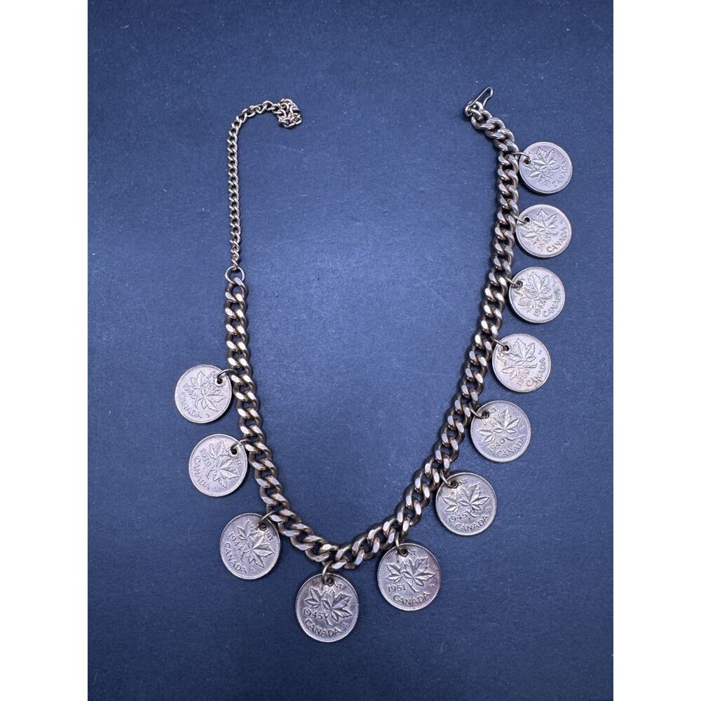 Vintage Necklace Canadian Coin 1 Cent Silver Tone Charms Gold Tone Chain